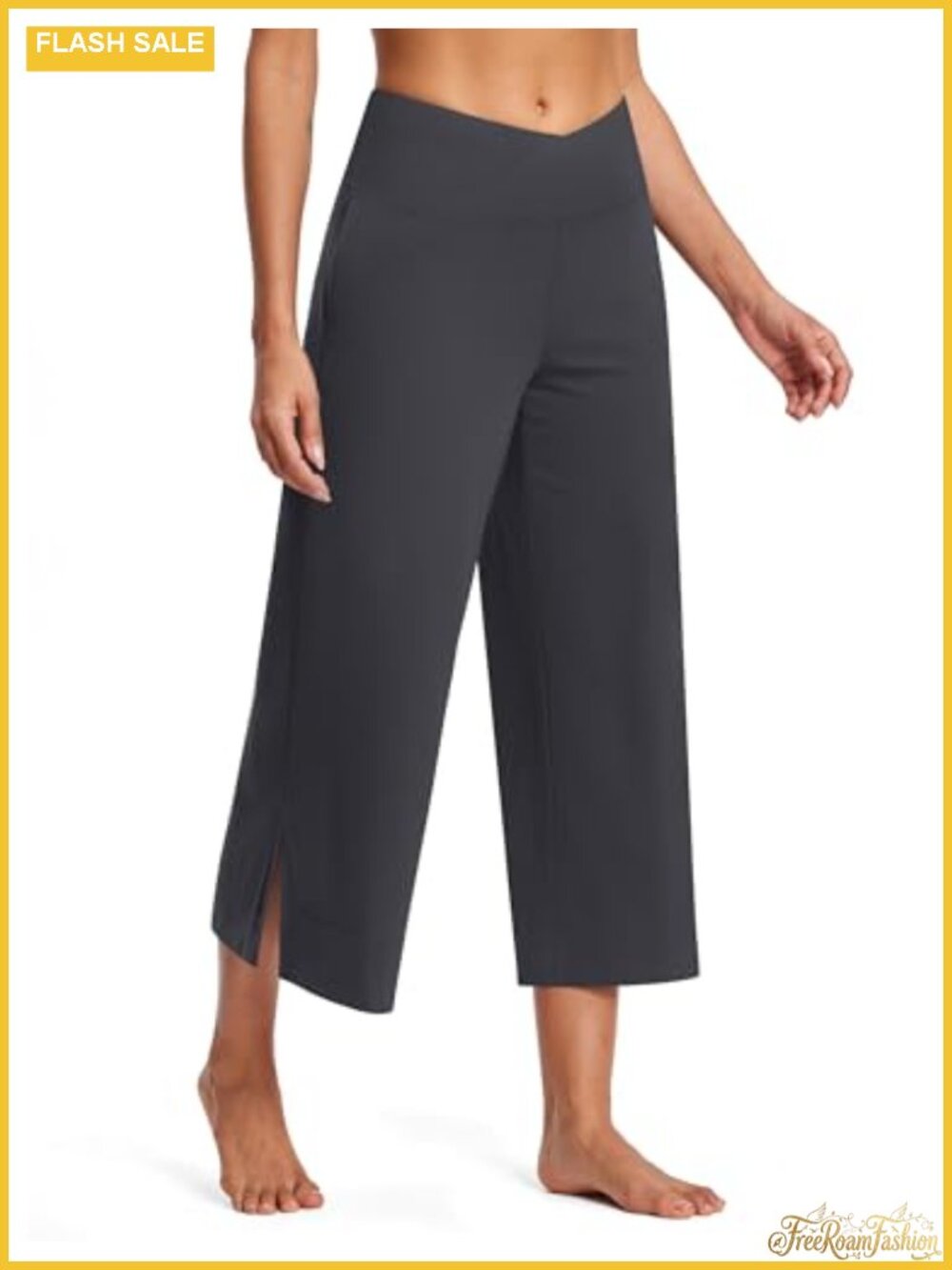 Petite Wide Leg Yoga Crop Pants 25" Inseam High Rise V-Waist Pockets